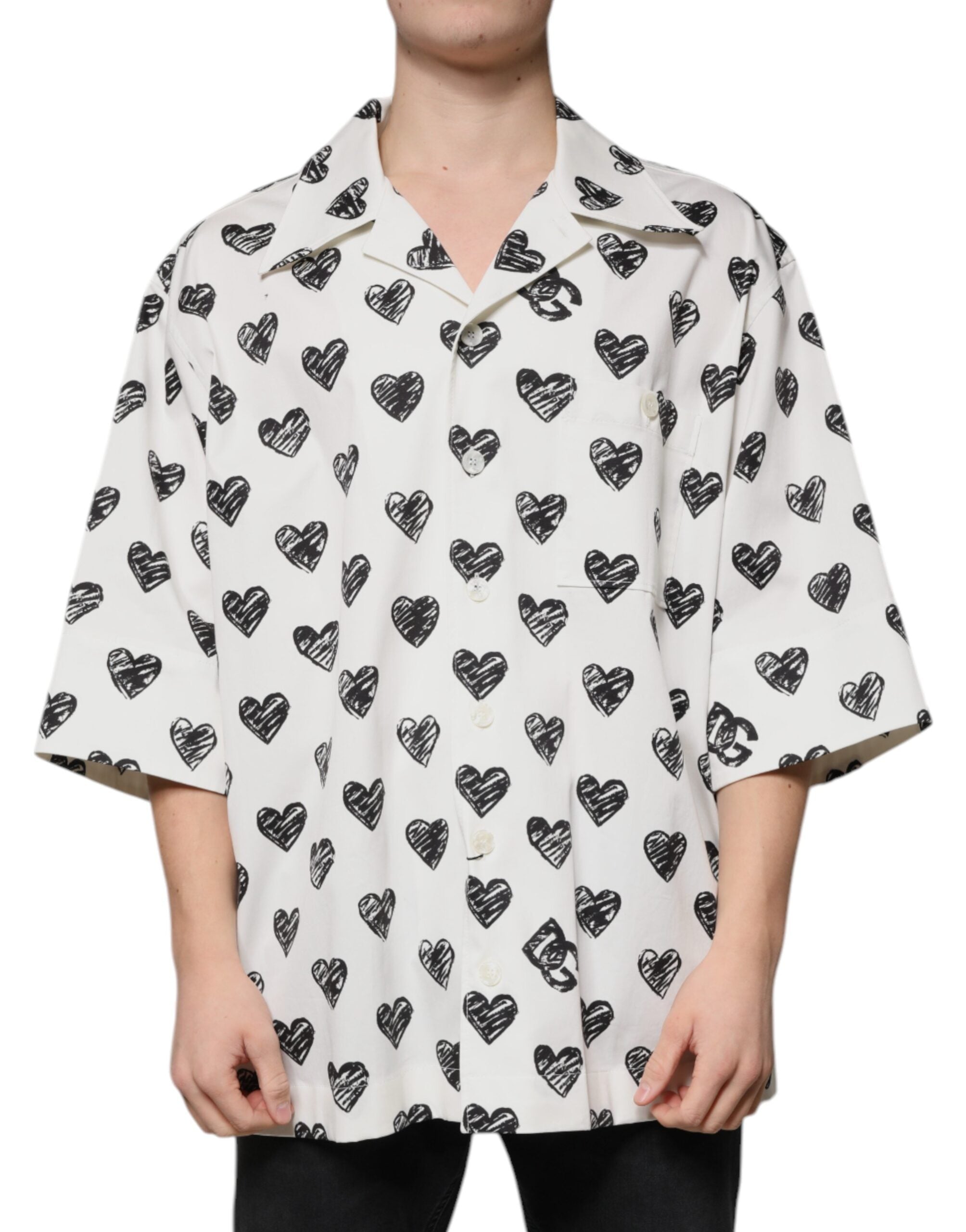 Dolce & Gabbana White Heart Print Short Sleeve Casual Men's Shirt