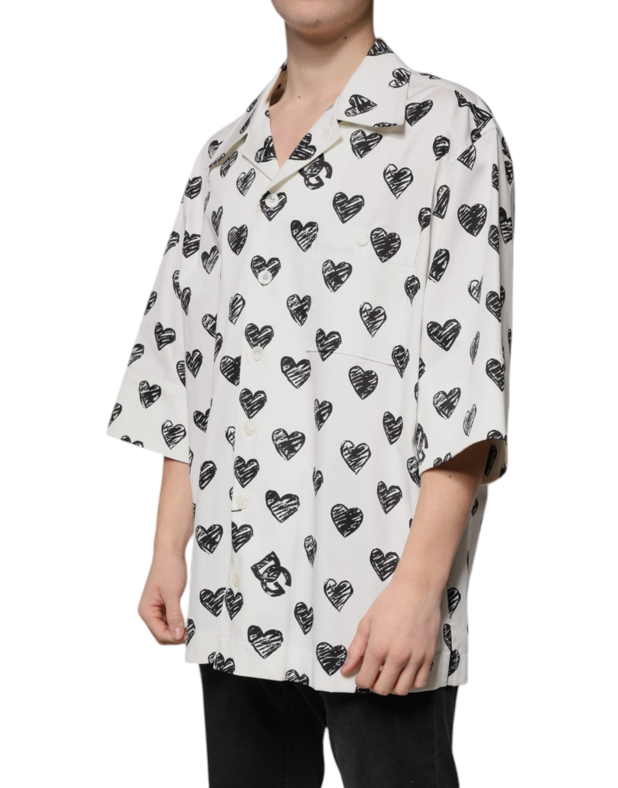 Dolce & Gabbana White Heart Print Short Sleeve Casual Men's Shirt