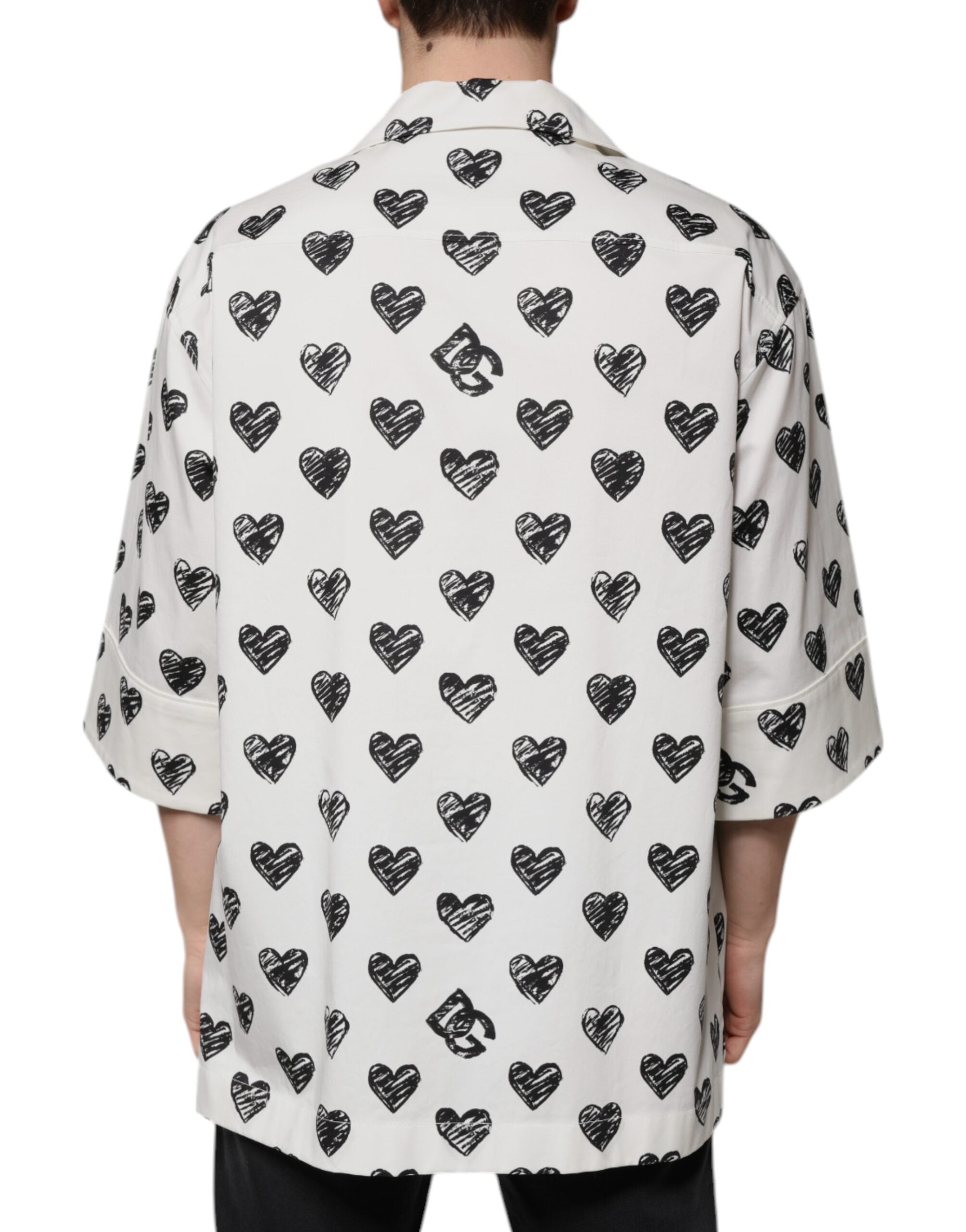 Dolce & Gabbana White Heart Print Short Sleeve Casual Men's Shirt