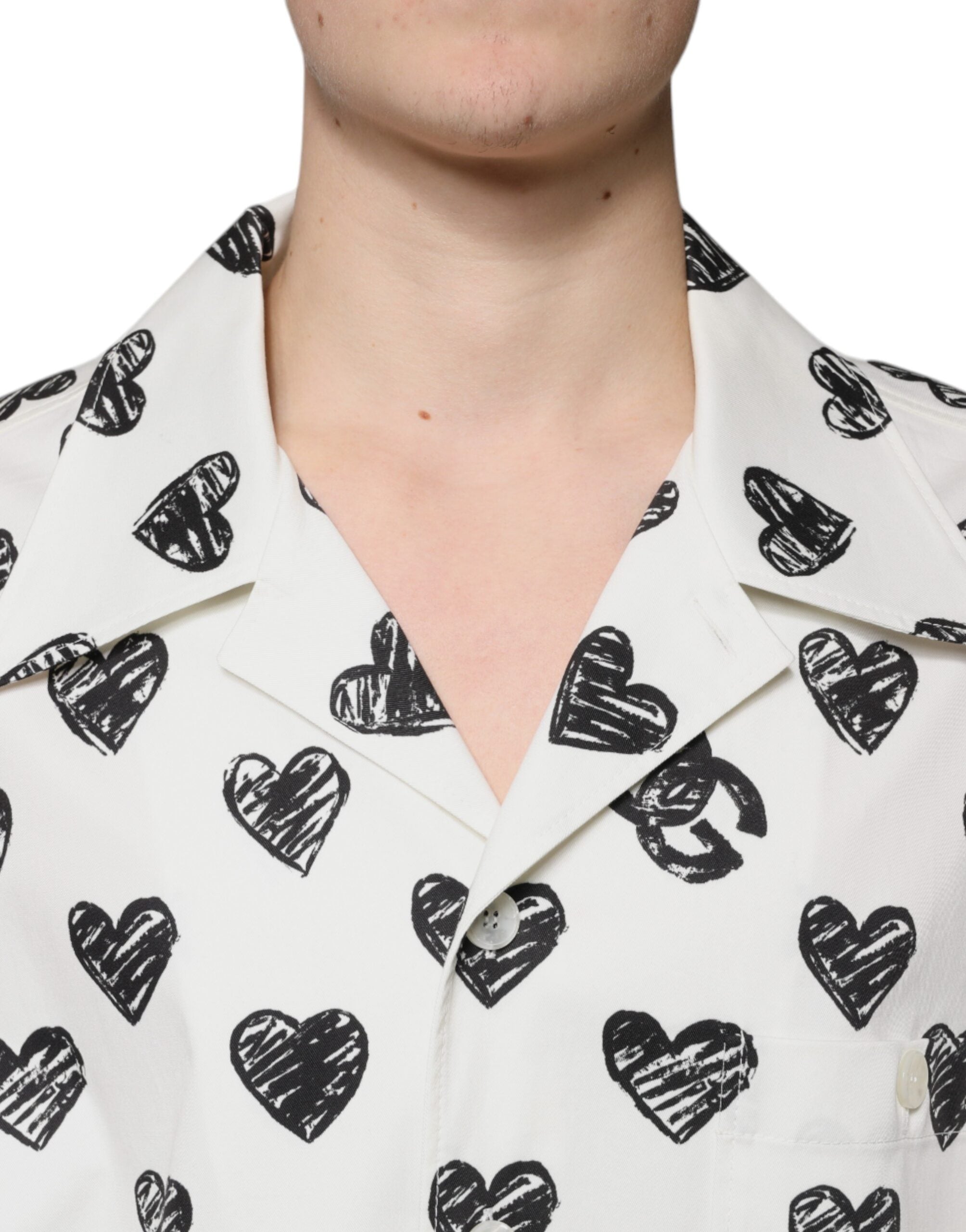 Dolce & Gabbana White Heart Print Short Sleeve Casual Men's Shirt