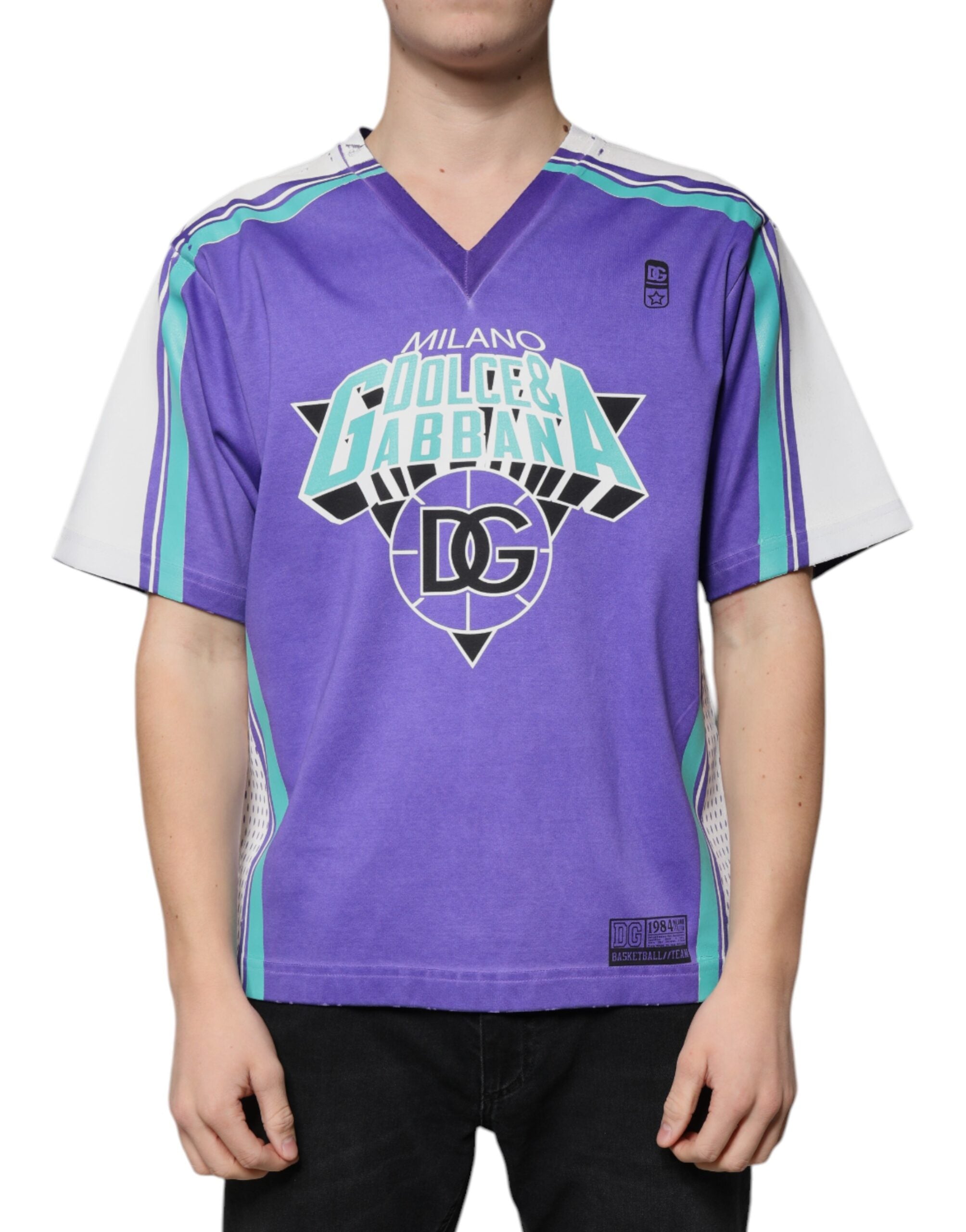 Dolce & Gabbana Purple Logo Jersey Cotton V-neck Men's T-shirt