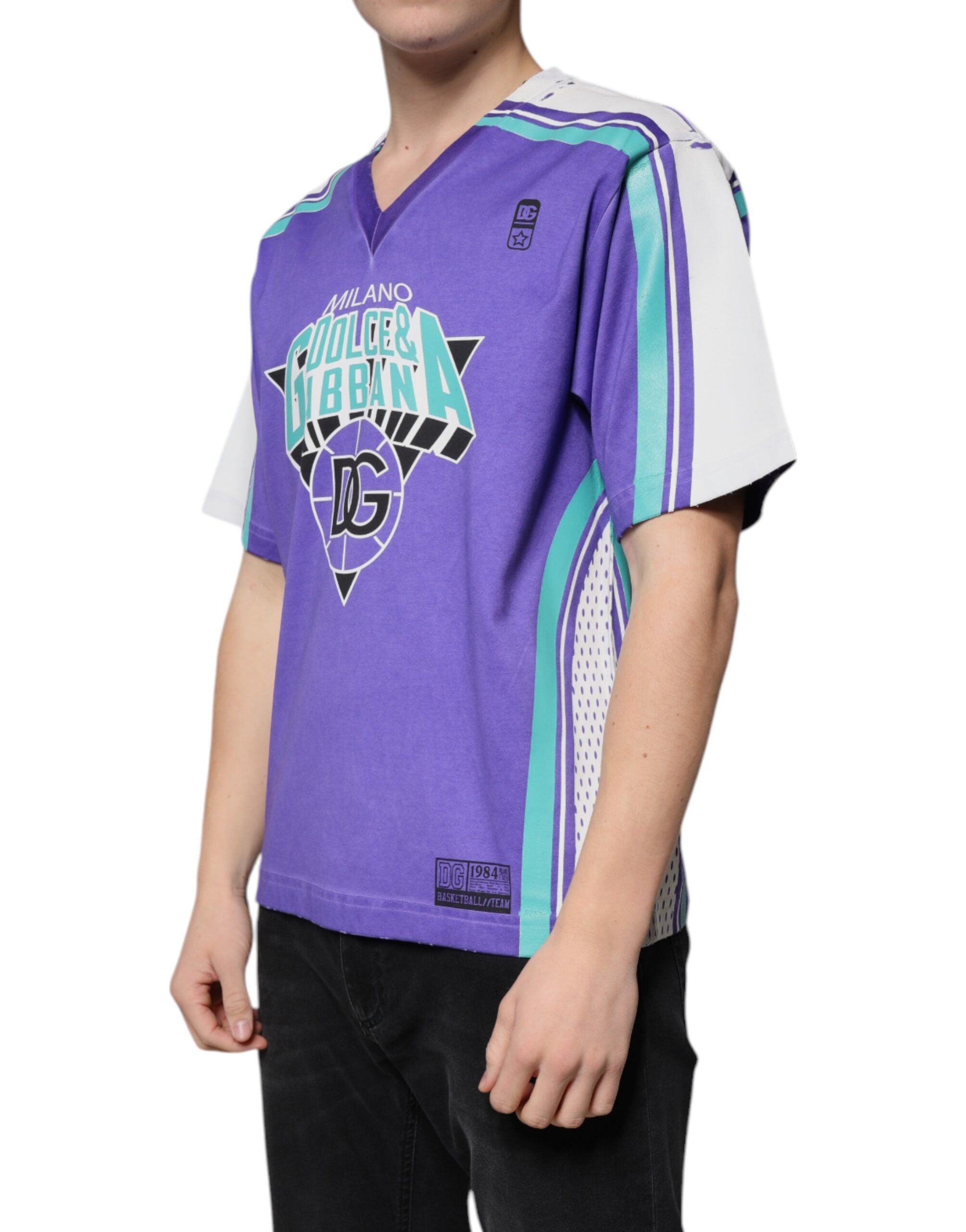 Dolce & Gabbana Purple Logo Jersey Cotton V-neck Men's T-shirt