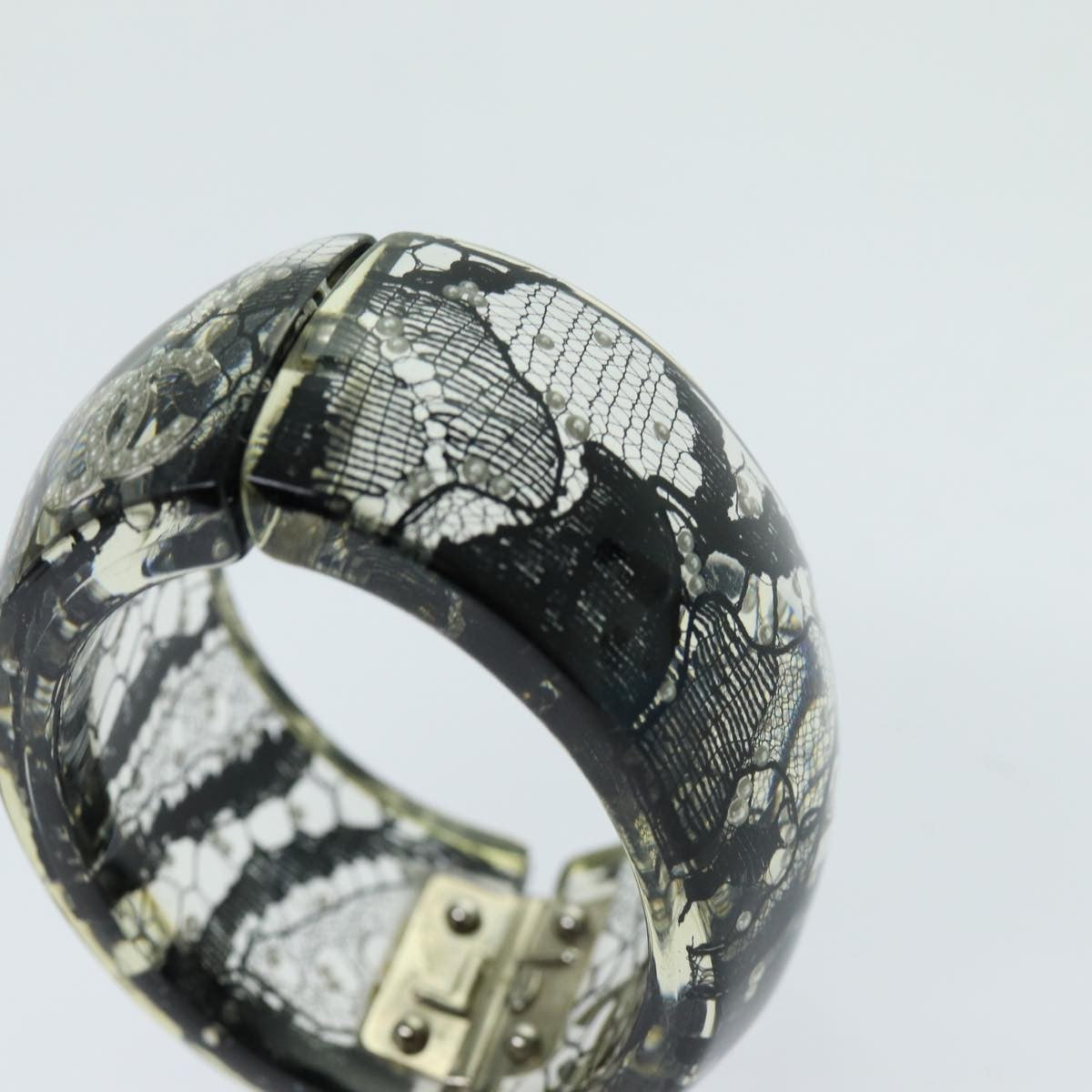 Chanel Cc Hinged Bangle Resin With Lace And Faux Pearls Black Plastic Bracelet Jewelry (Pre-Owned)