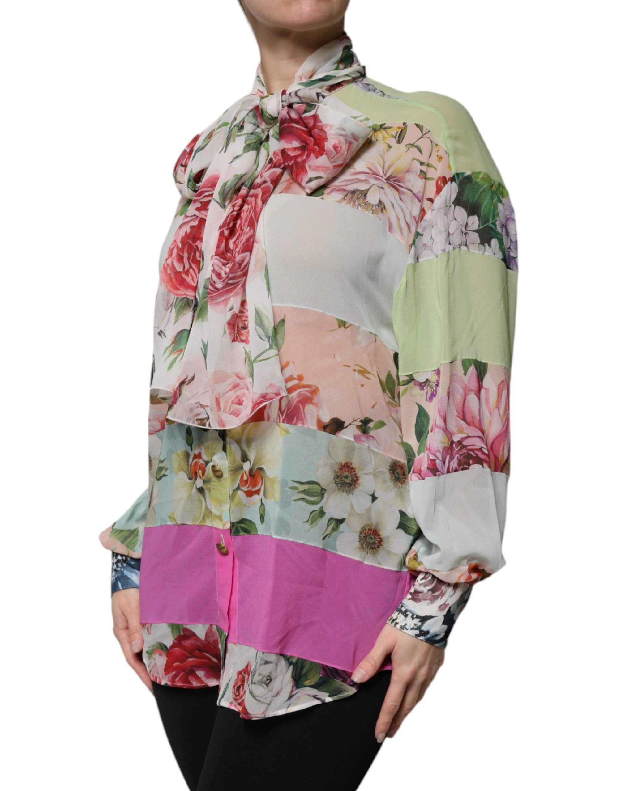 Dolce & Gabbana Multicolor Floral Patchwork Ascot Collar Women's Top (Pre-Owned)