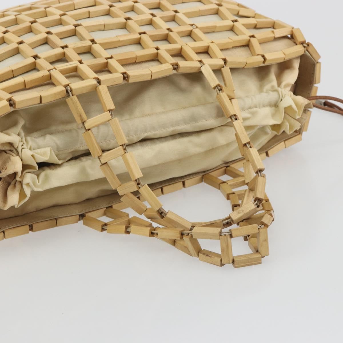 Salvatore Ferragamo Wood Mesh Drawstring Canvas Beige Canvas Handbag (Pre-Owned)