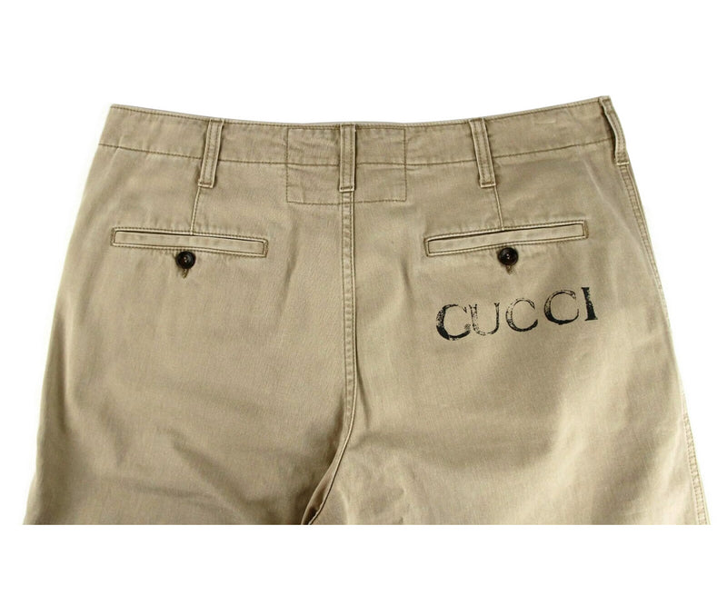 Gucci Men's Light Brown Washed Cotton Pant With Gucci Print on Back 489281 2028