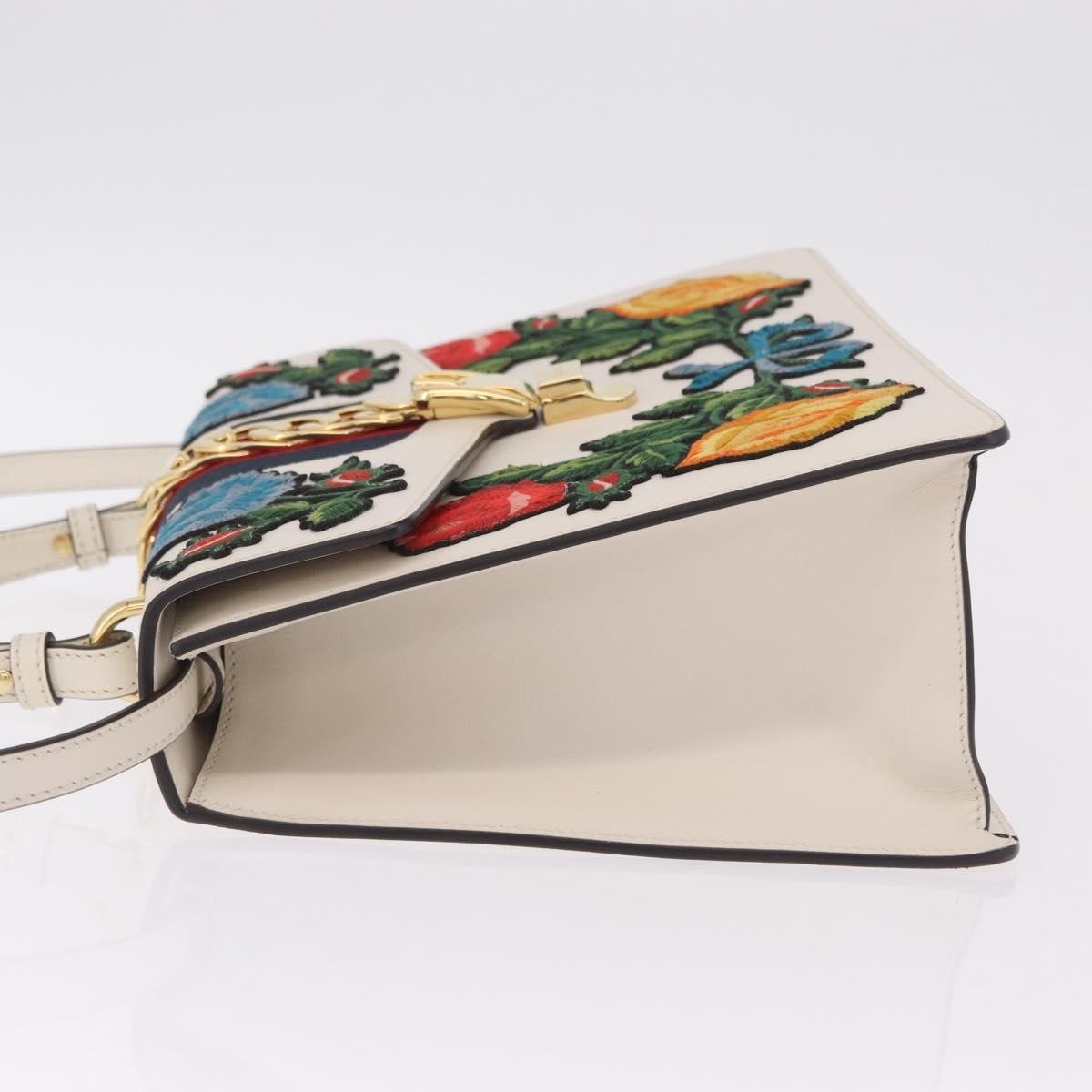 Gucci Sylvie Top Handle Embroidered Leather White Leather Handbag (Pre-Owned)