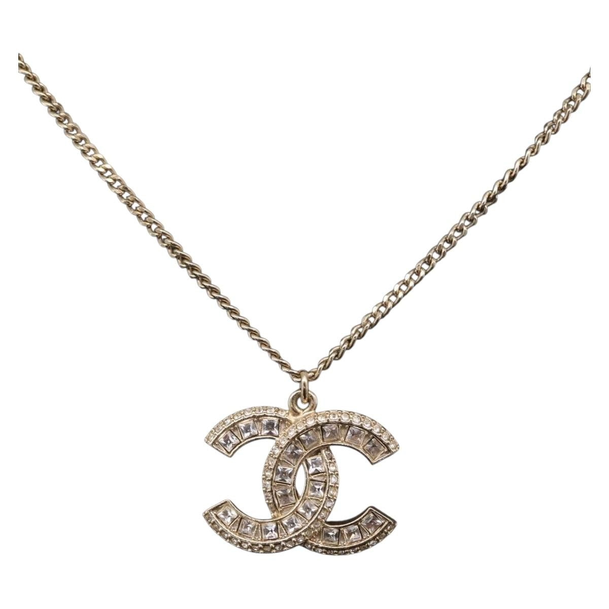 Chanel Multi-Logo Engraved Cc Pendant Metal With Crystals Gold Metal Necklace Jewelry (Pre-Owned)