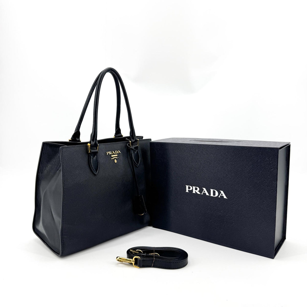 Prada Convertible Open Saffiano Leather Black Leather Tote Bag Bag (Pre-Owned)
