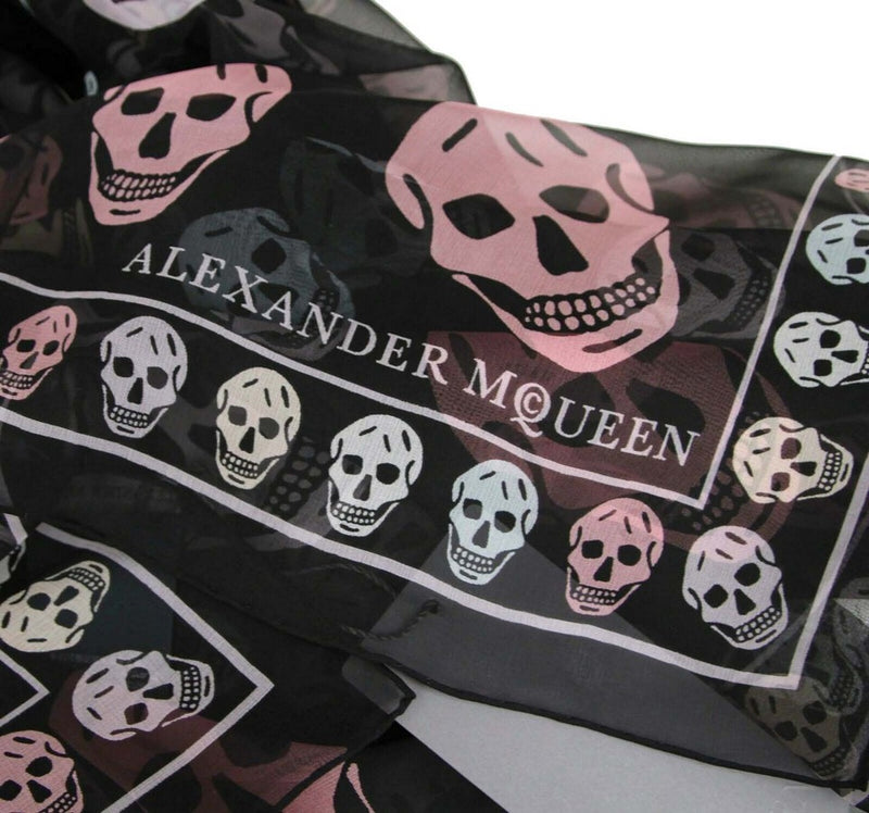 Alexander McQueen Women's Black Chiffon Silk Multiskull Box Print Shawl 496827 1072