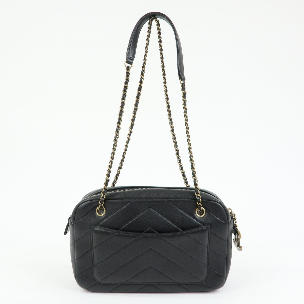 Chanel Camera Chevron Lambskin Black Leather Handbag (Pre-Owned)