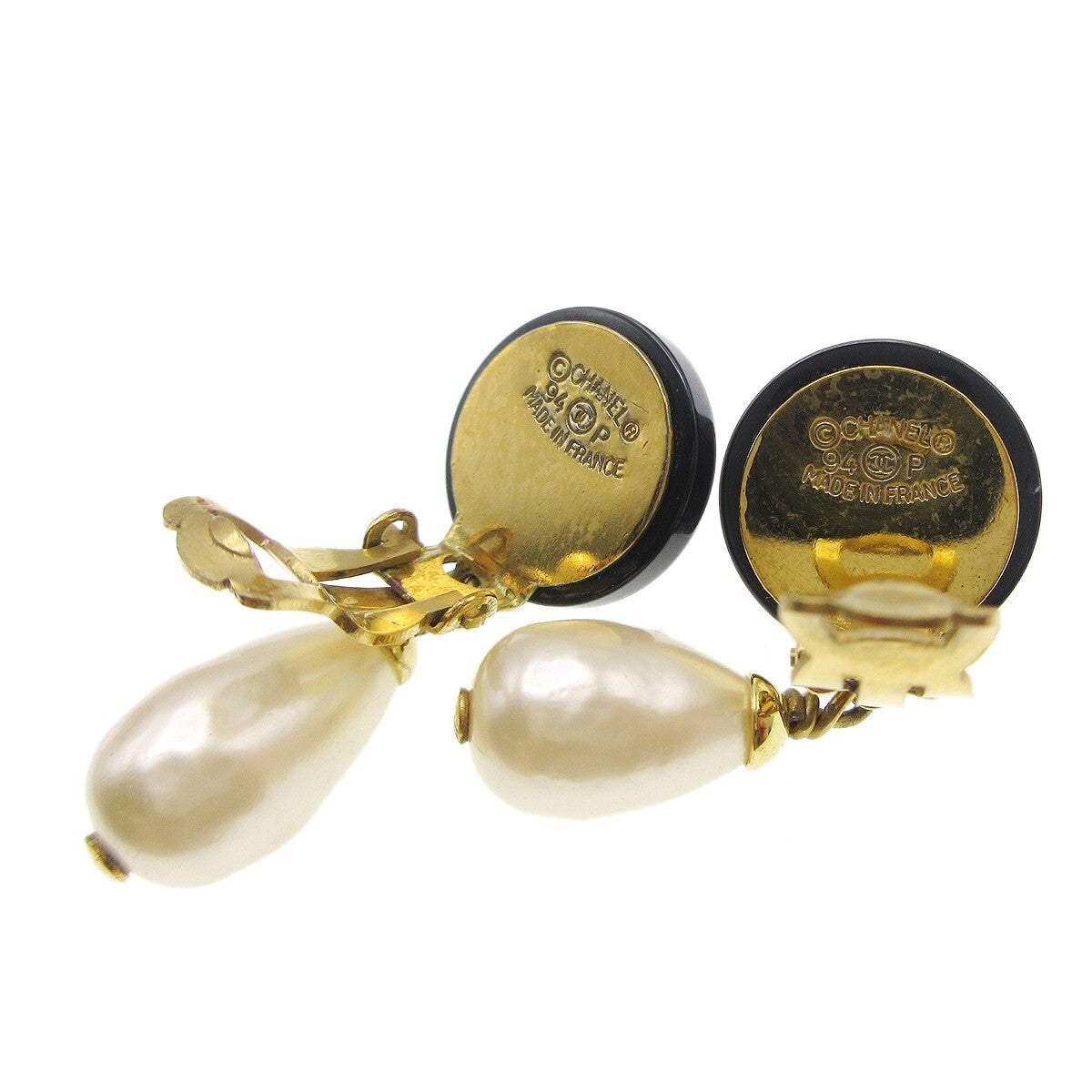 Chanel Vintage Cc Dangle Metal With Crystals Black Gold_Plated Earrings Jewelry (Pre-Owned)