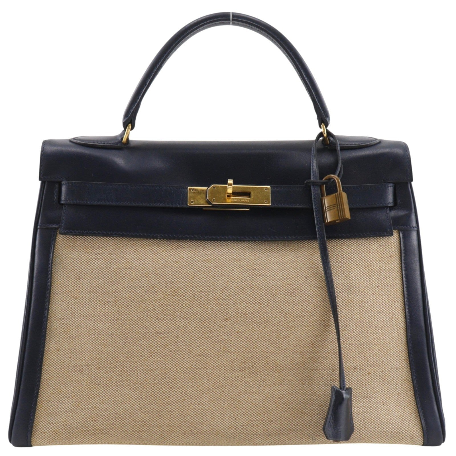 Hermes Kelly Black Box Calf With Gold Hardware Beige Canvas Handbag (Pre-Owned)