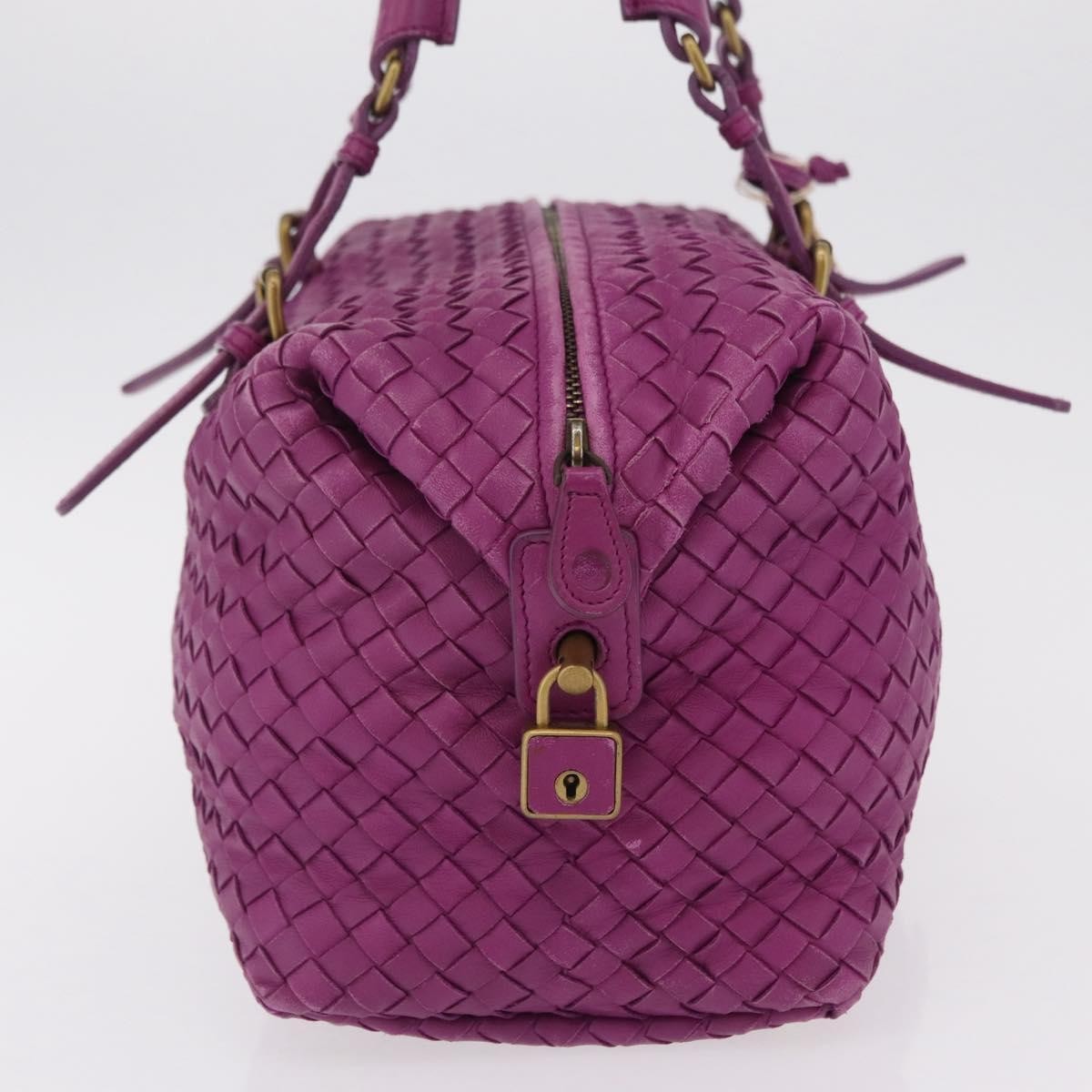 Bottega Veneta New Boston Intrecciato Nappa Purple Leather Handbag (Pre-Owned)