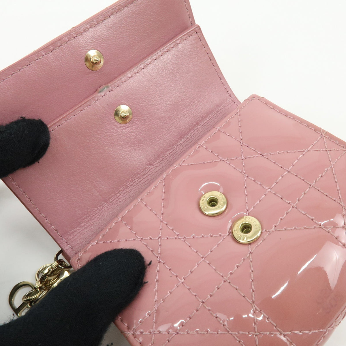 Christian Dior Lady Dior Cannage Quilt Leather Pink Patent_Leather Wallets Accessory (Pre-Owned)