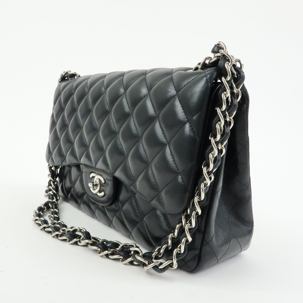 Chanel Classic Timeless Double Flap Quilted Lambskin Black Leather Handbag (Pre-Owned)
