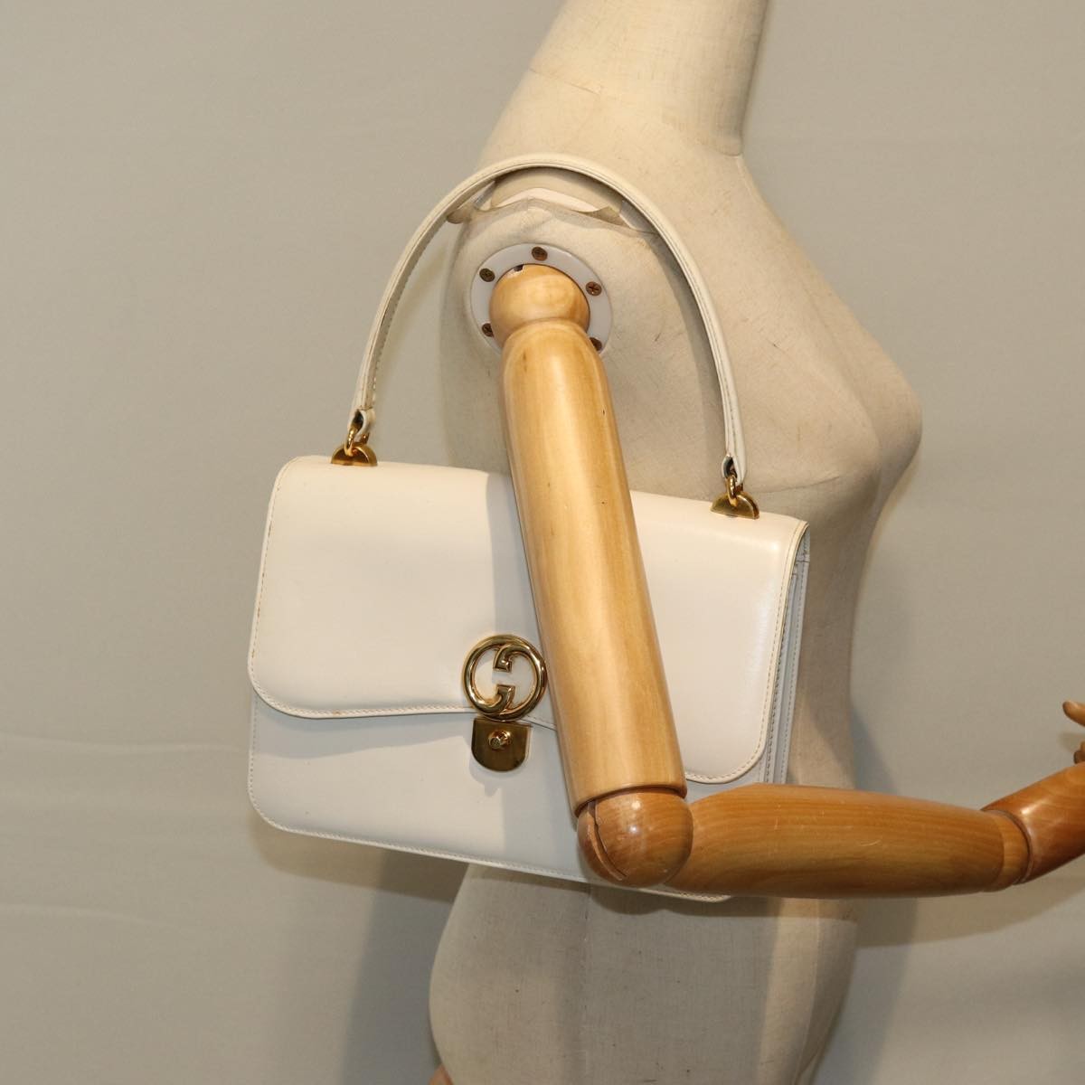 Gucci 1973 Flap Top Handle Leather White Leather Handbag (Pre-Owned)