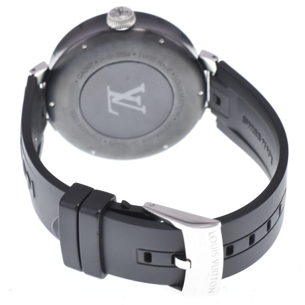 Louis Vuitton Tambour Moon Dual Time Quartz Stainless Steel With Diamond Lugs And Markers And Leather Watch (Pre-Owned)