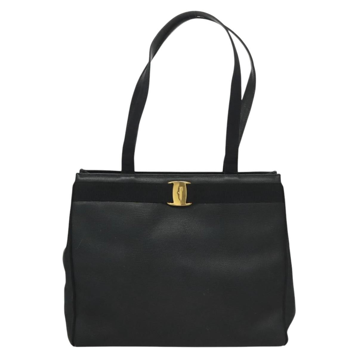 Salvatore Ferragamo Vintage Vara Bow Tote Lizard Embossed Leather Navy Leather Tote Bag Bag (Pre-Owned)