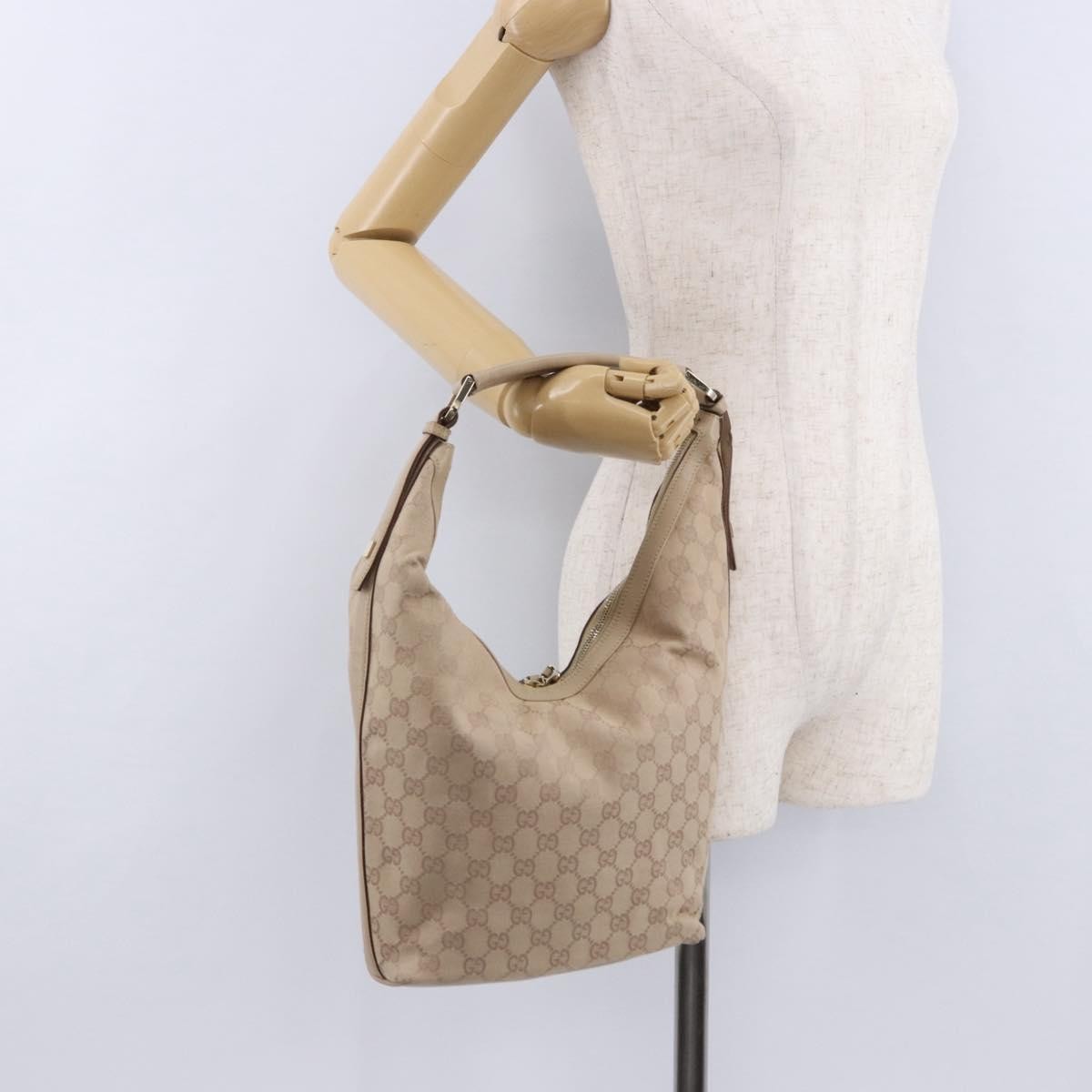 Gucci Zip Hobo Canvas Beige Canvas Handbag (Pre-Owned)
