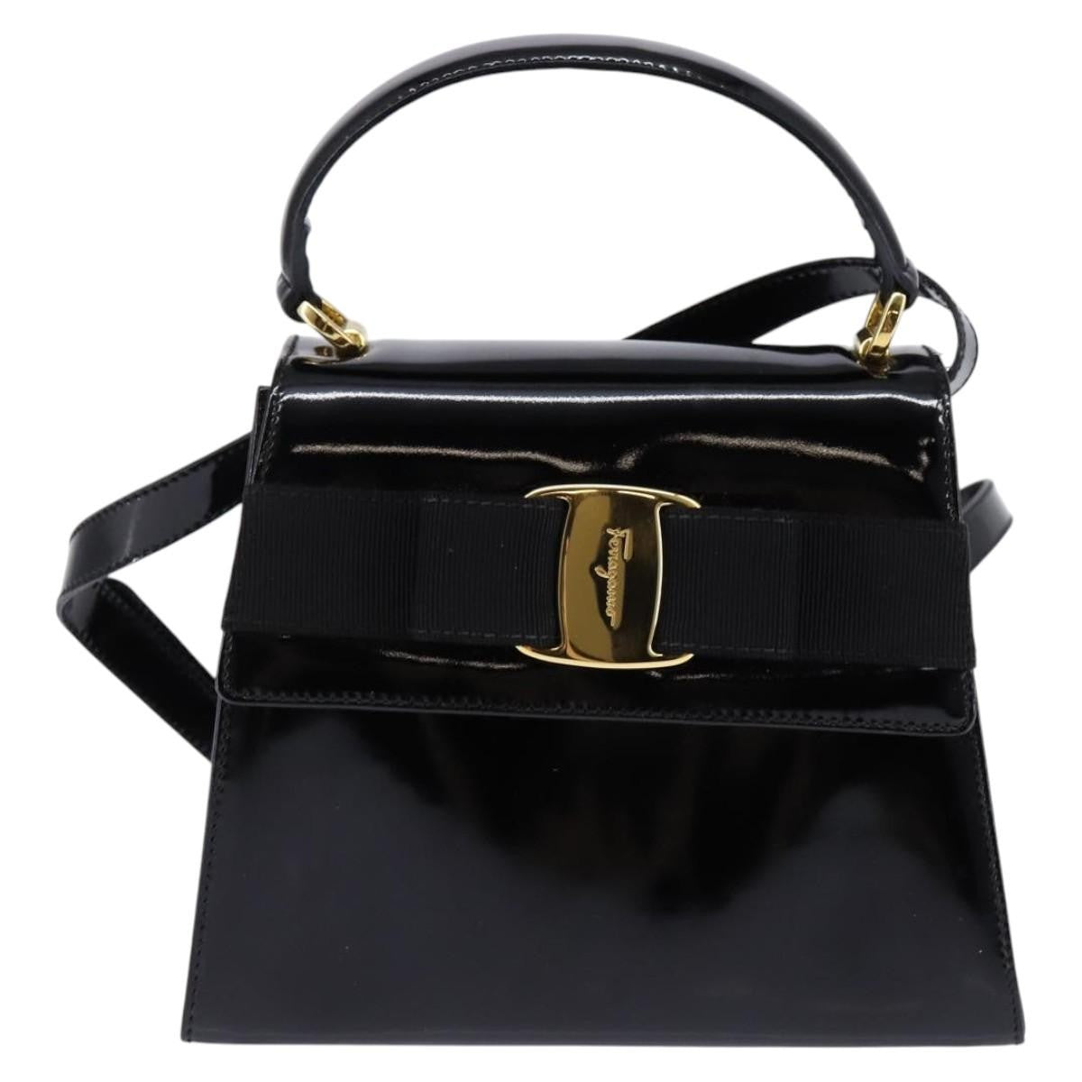 Salvatore Ferragamo Vintage Vara Bow Top Handle Patent Leather Black Patent_Leather Handbag (Pre-Owned)