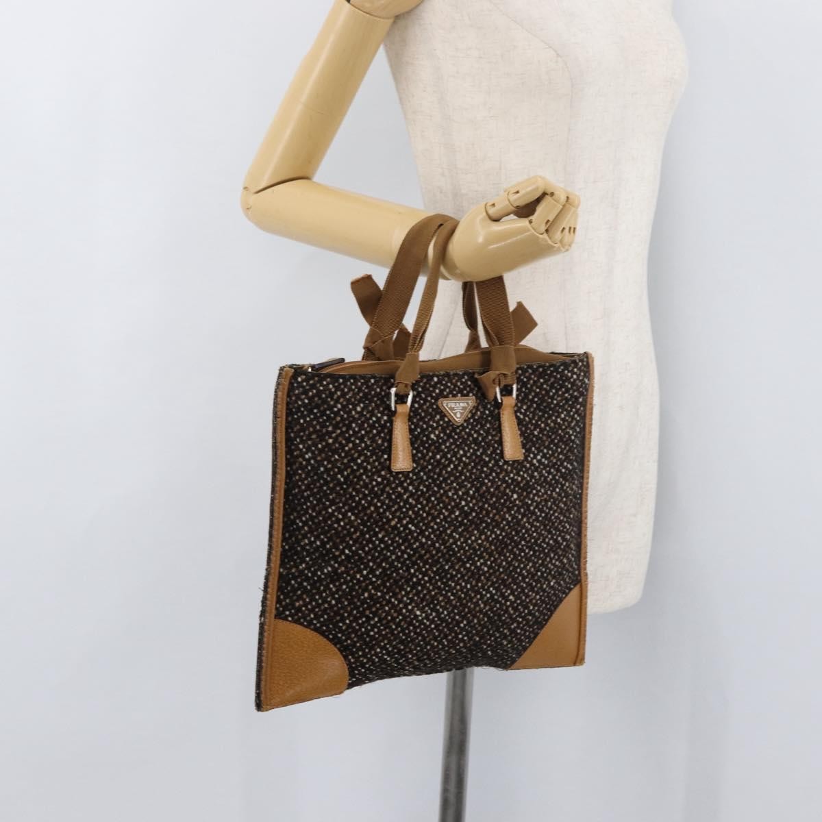 Prada Convertible Open Tweed Brown Canvas Tote Bag Bag (Pre-Owned)