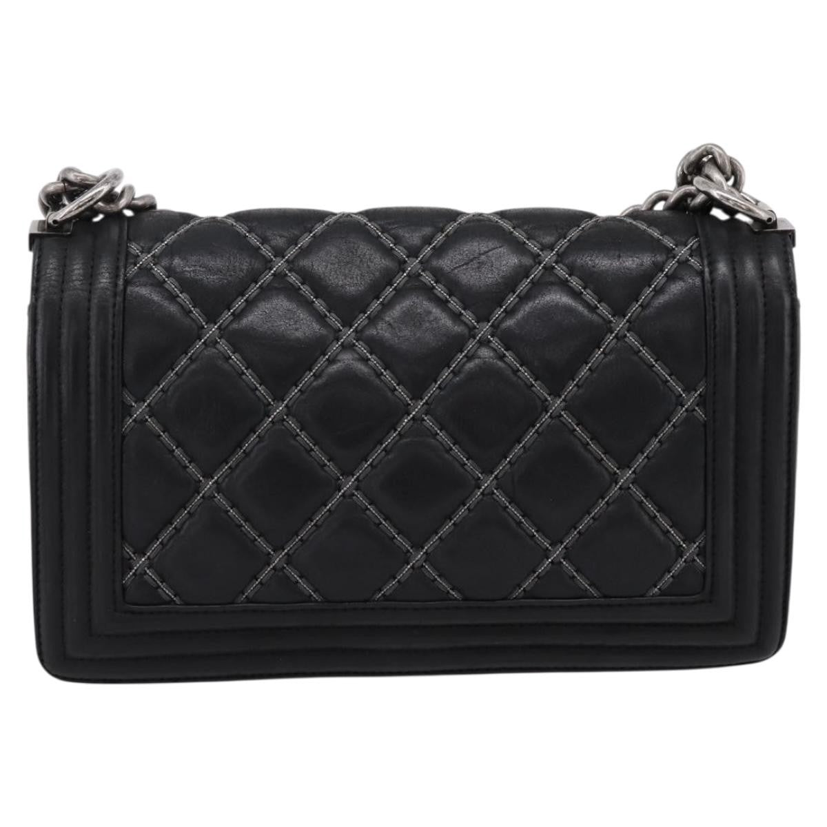 Chanel Boy Flap Quilted Calfskin With Micro Chain Detail Black Leather Shoulder Bag Bag (Pre-Owned)