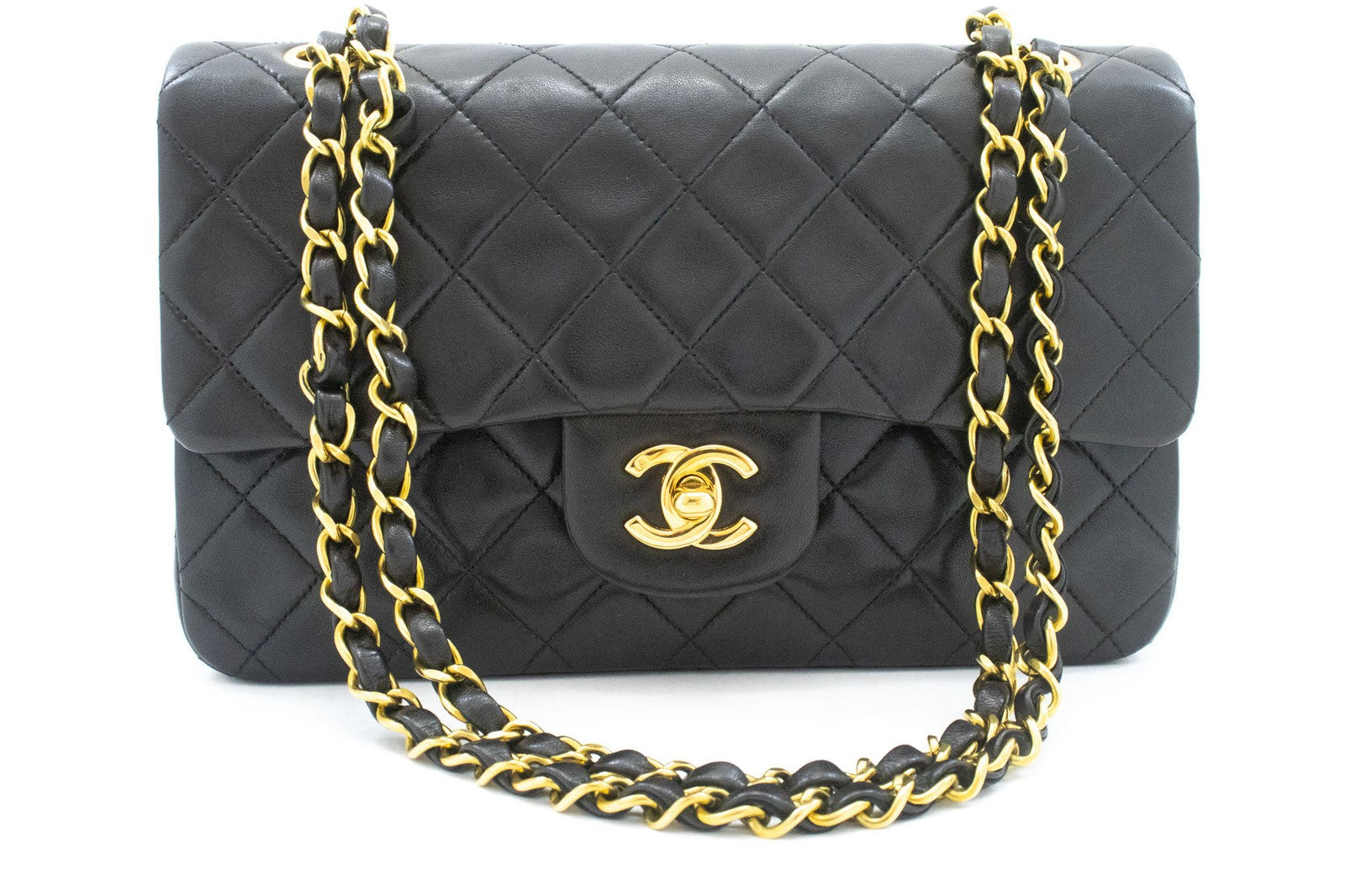Chanel Vintage Classic Double Flap Quilted Lambskin Black Leather Shoulder Bag Bag (Pre-Owned)
