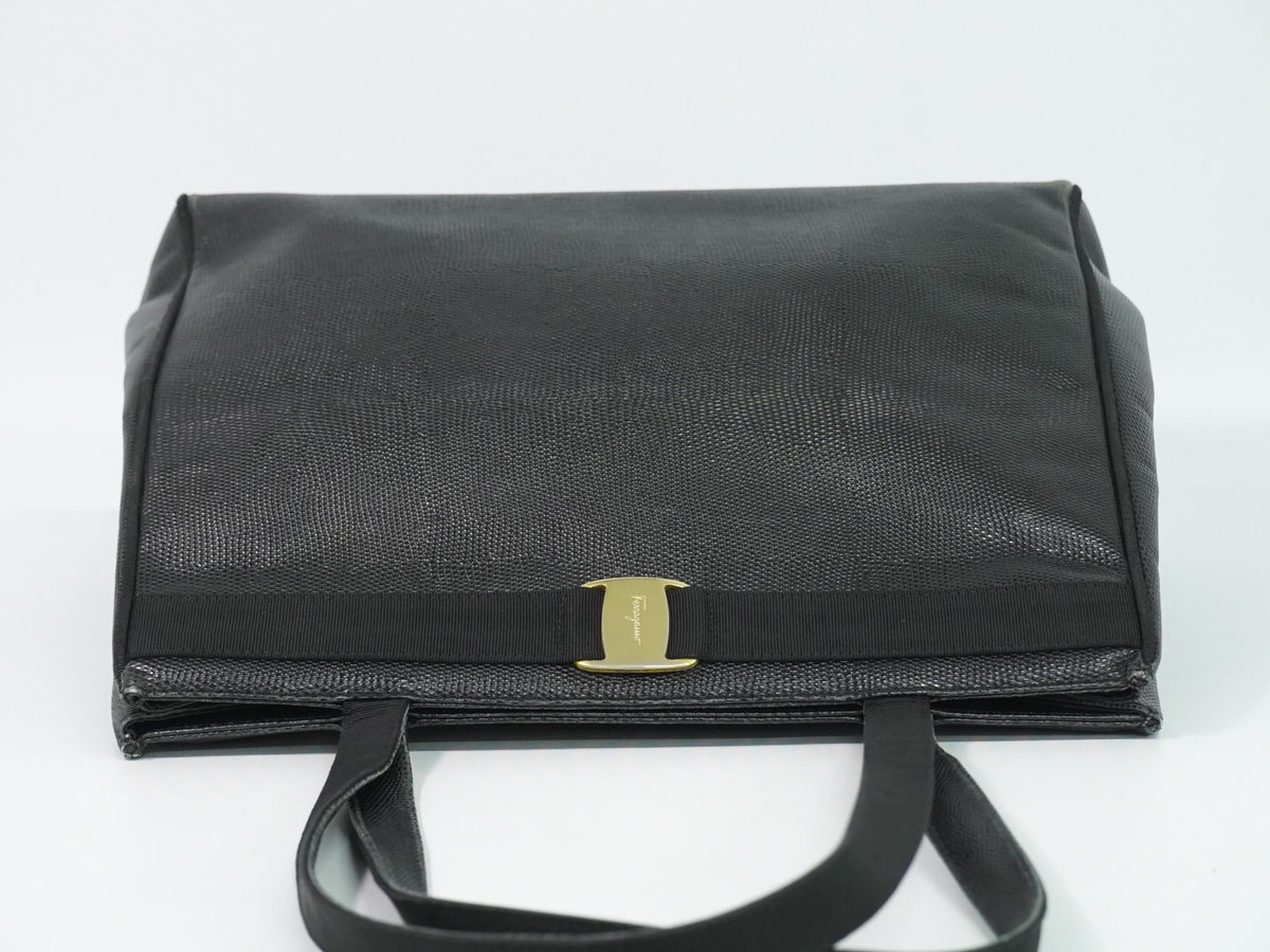 Salvatore Ferragamo Vintage Vara Bow Lizard Embossed Leather Black Leather Tote Bag Bag (Pre-Owned)