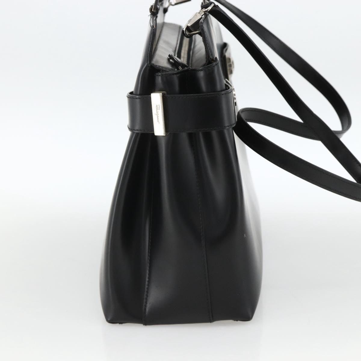 Salvatore Ferragamo Double Gancini Side Buckle Tote Leather Black Leather Handbag (Pre-Owned)