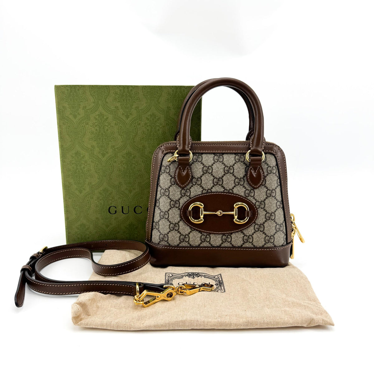 Gucci Horsebit 1955 Top Handle Gg Coated Canvas With Leather Brown Canvas Handbag (Pre-Owned)