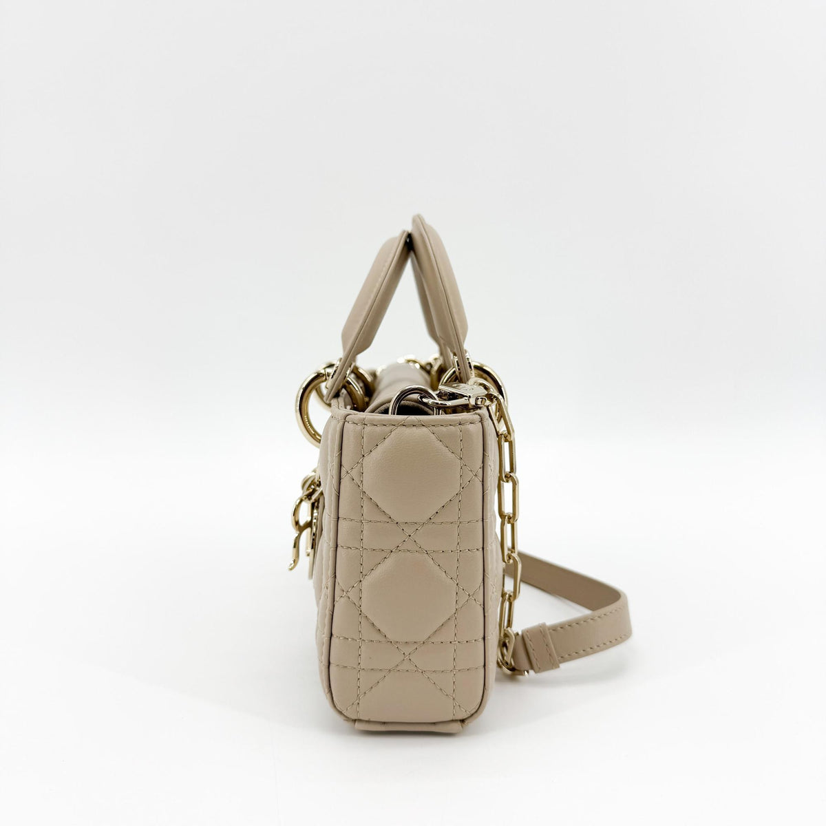 Christian Dior Lady D-Joy Cannage Quilt Lambskin Beige Leather Handbag (Pre-Owned)
