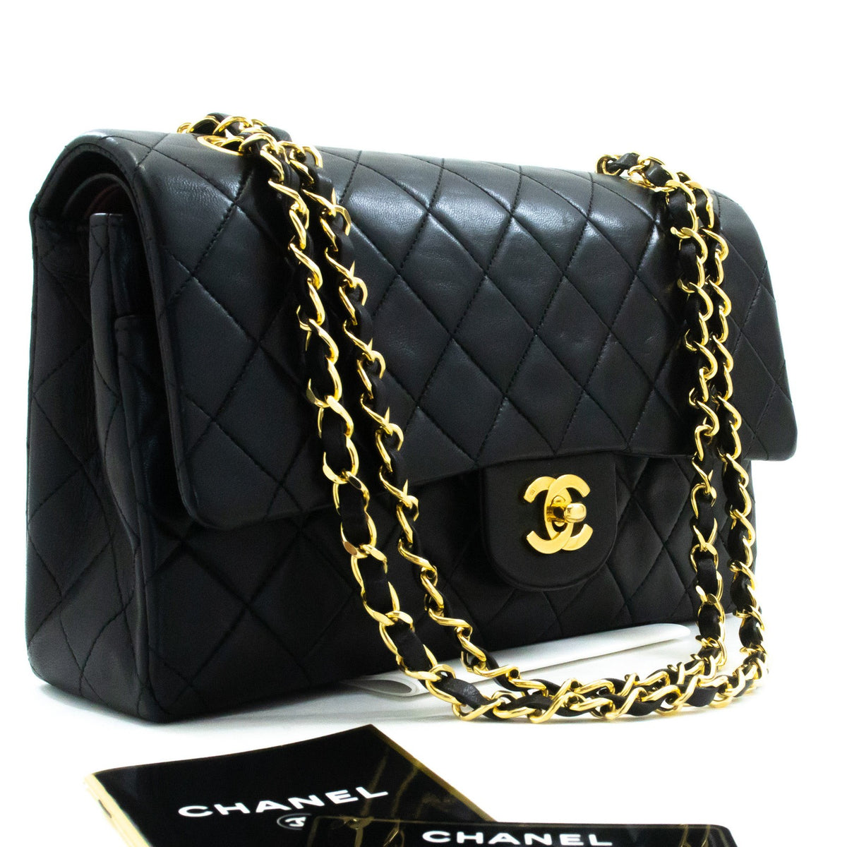 Chanel Classic Timeless Double Flap Quilted Lambskin Black Leather Handbag (Pre-Owned)