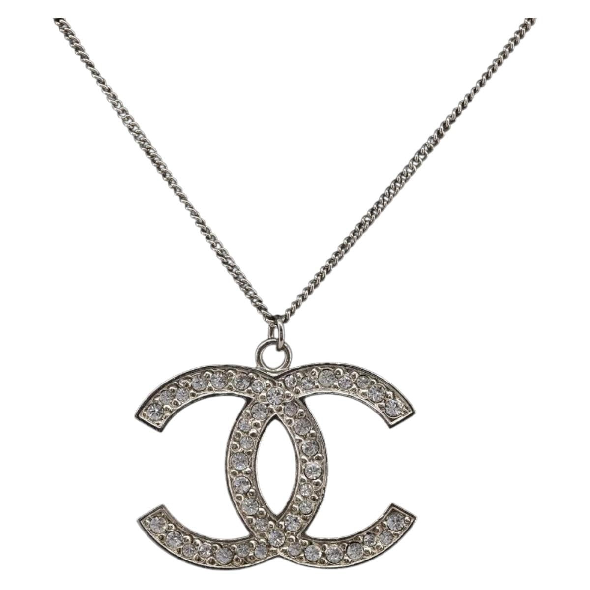 Chanel Cc Pendant Metal With Crystals Silver Metal Necklace Jewelry (Pre-Owned)