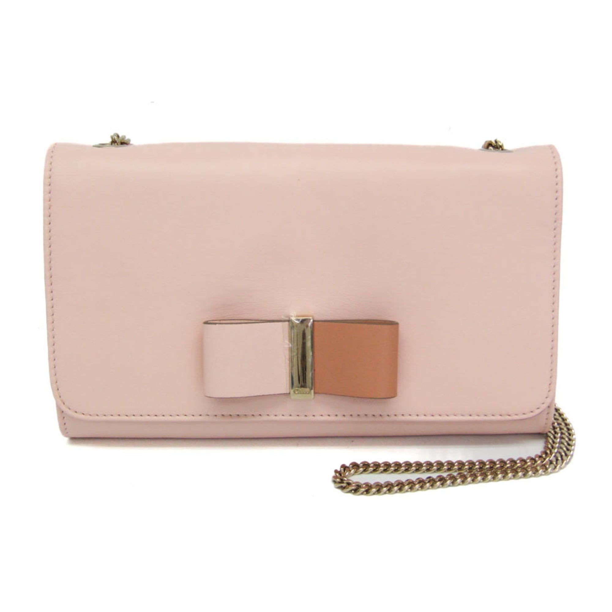 Chloe Bow Detail Wallet On Chain Leather Pink Leather Clutche & Pouche Bag (Pre-Owned)