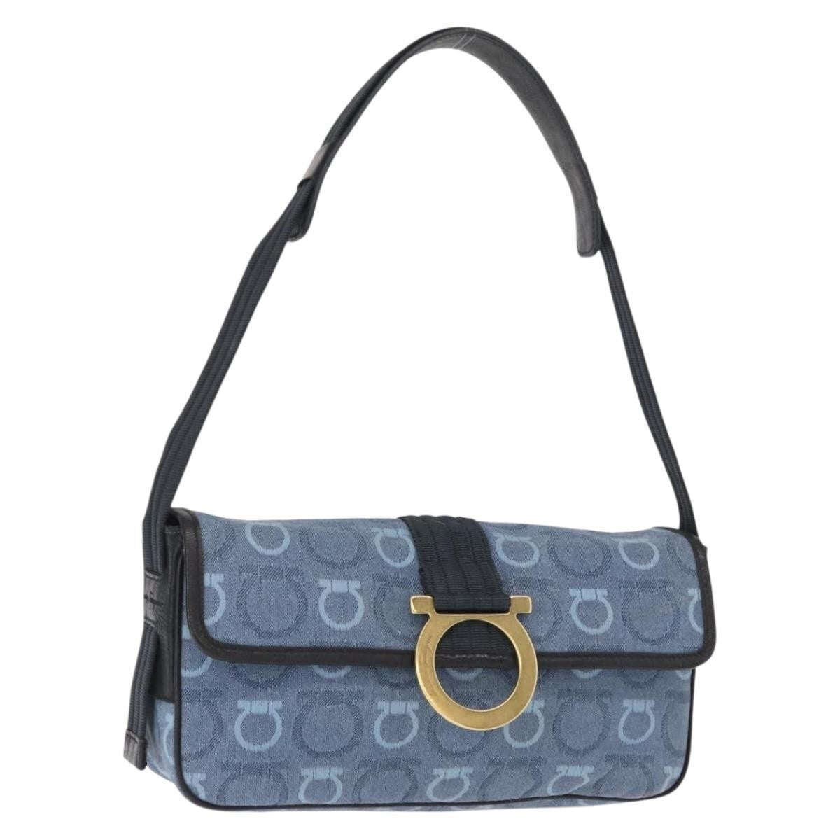 Salvatore Ferragamo Gancini Canvas Navy Canvas Shoulder Bag Bag (Pre-Owned)