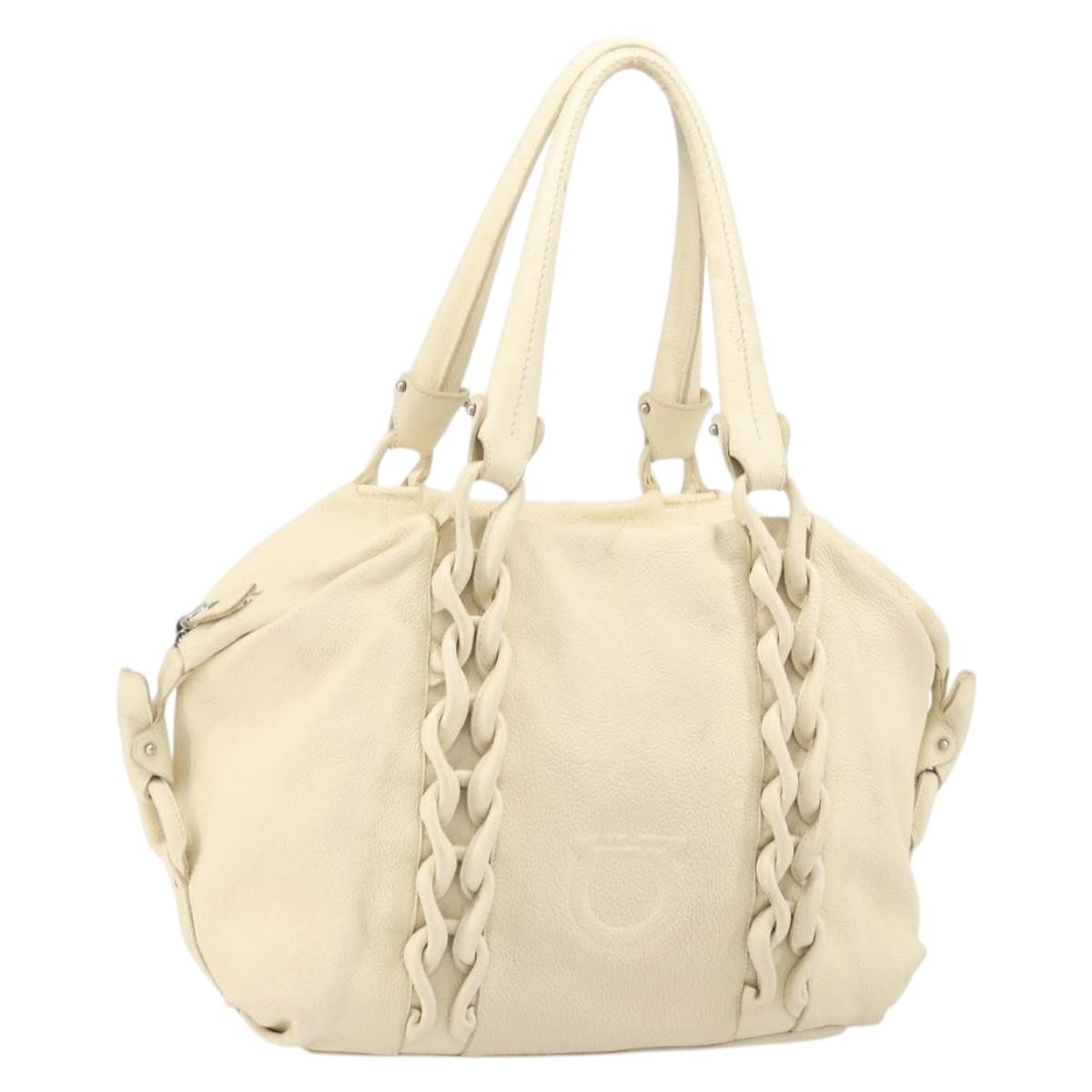 Salvatore Ferragamo Gancini Tote Leather Beige Leather Tote Bag Bag (Pre-Owned)