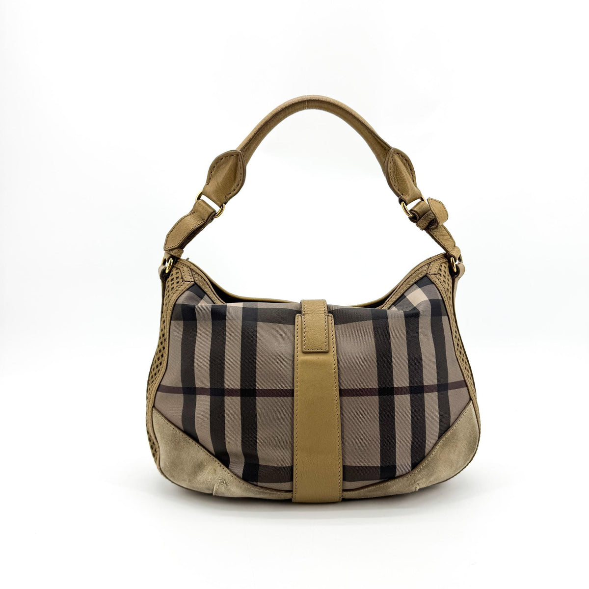 Burberry Ashwood Convertible Hobo House Check Canvas Beige Suede Shoulder Bag Bag (Pre-Owned)