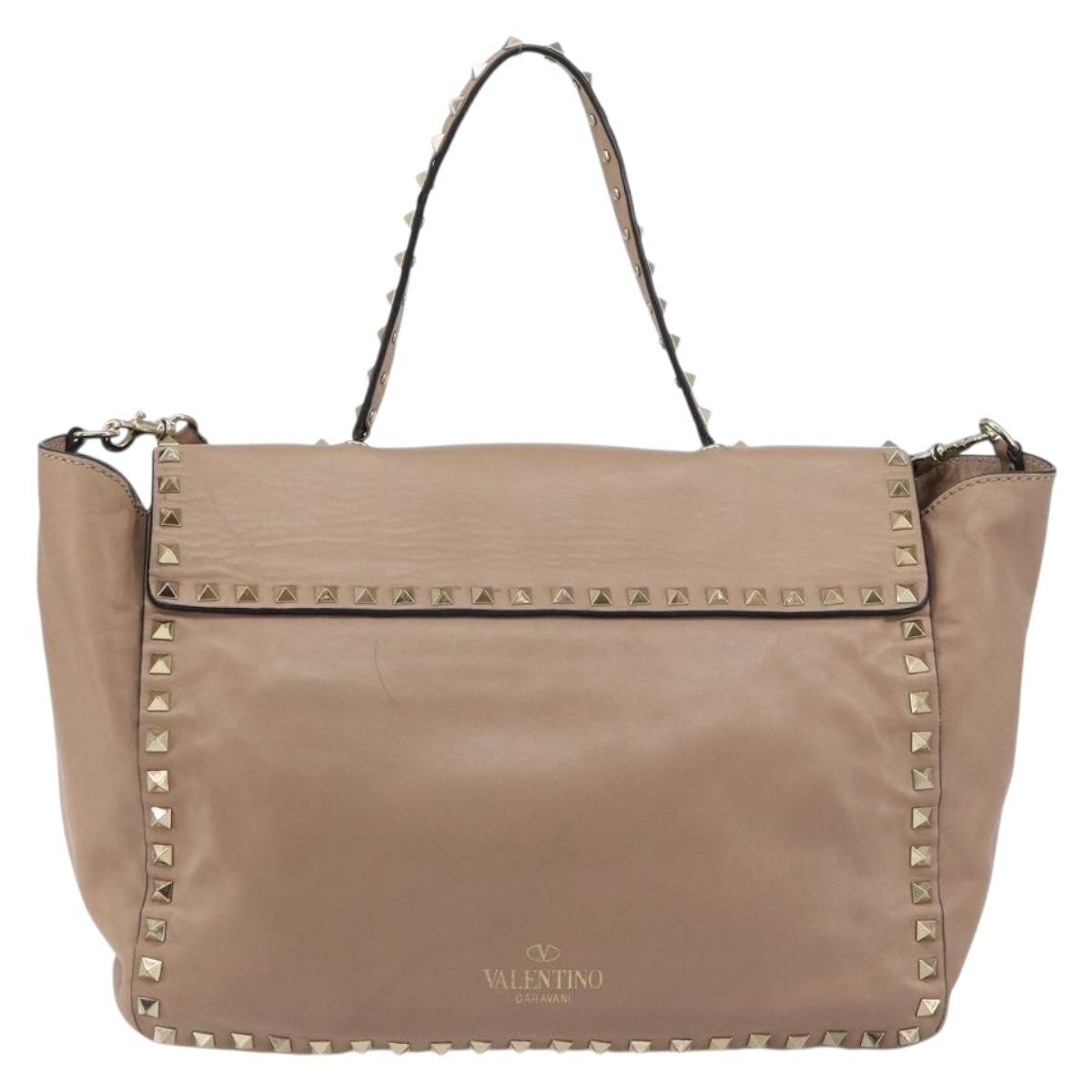 Valentino Garavani Rockstud Tote Soft Leather Beige Leather Tote Bag Bag (Pre-Owned)