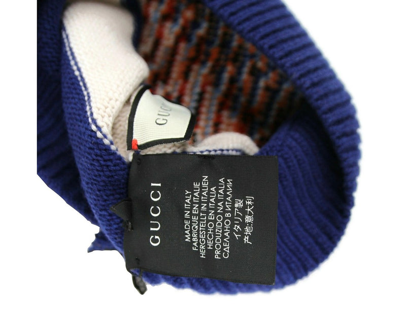 Gucci Men's Blue / White Striped Wool Knit Beanie Hat With Tiger Head M / 58