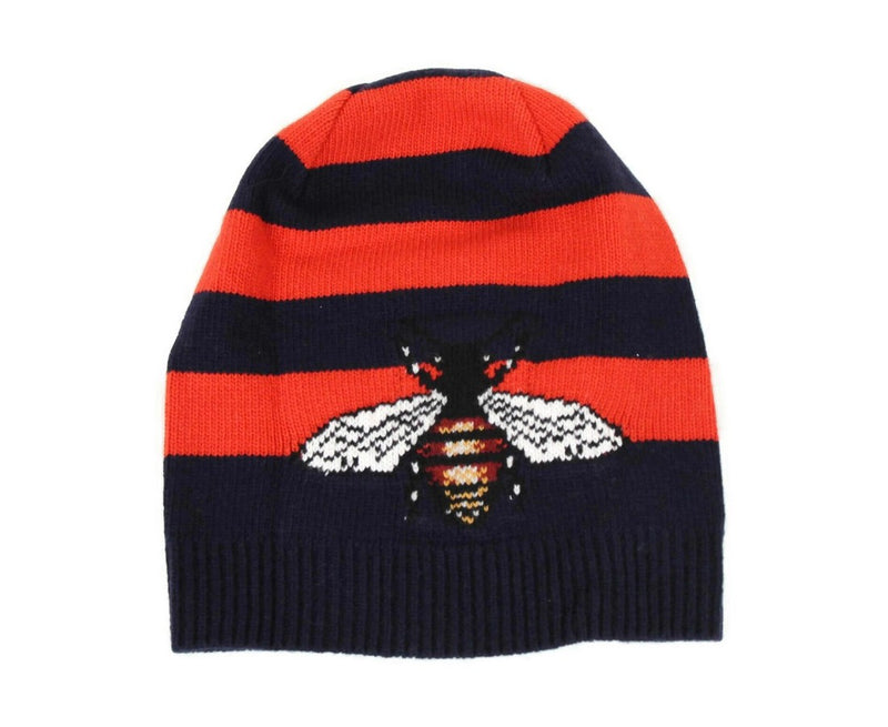 Gucci Men's Blue / Red Striped Wool Knit Beanie Hat With Large Bee M / 58
