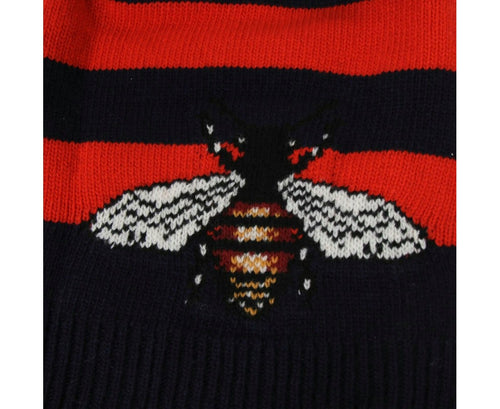 Gucci Men's Blue / Red Striped Wool Knit Beanie Hat With Large Bee M / 58 500930 4274