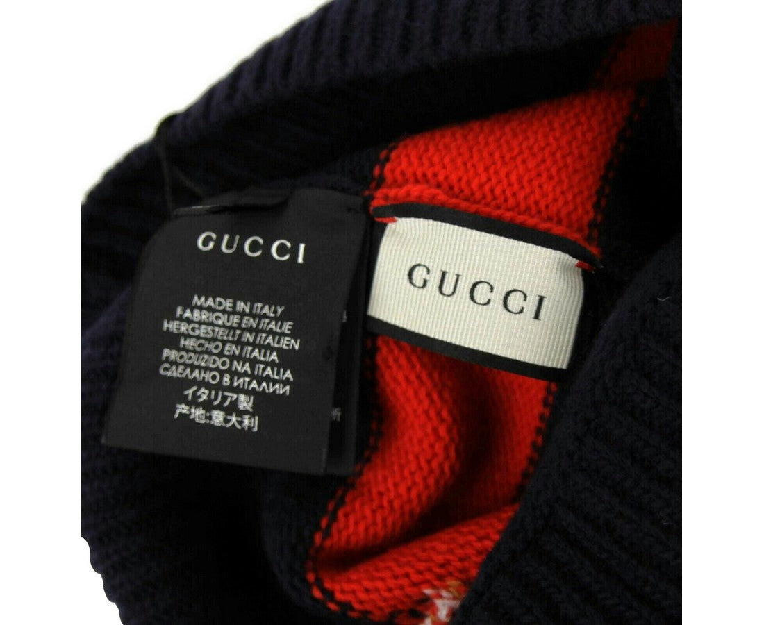 Gucci Men's Blue / Red Striped Wool Knit Beanie Hat With Large Bee M / 58
