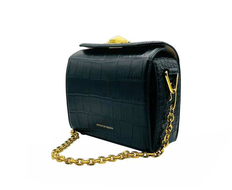 Alexander McQueen Women's Black Crocodile Embossed Leather Box 19 Crossbody Bag