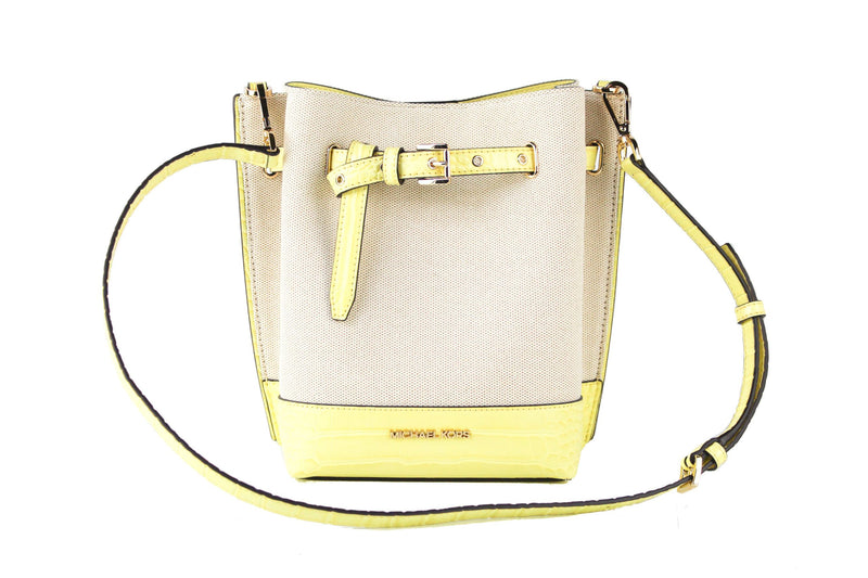 Michael Kors Emilia Small Canvas Snakeskin Print Leather Bucket Bag Messenger Crossbody Handbag Women's (Buttercup)