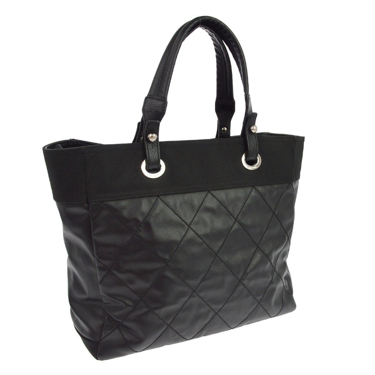 Chanel Biarritz Quilted Coated Canvas Black Canvas Tote Bag Bag (Pre-Owned)