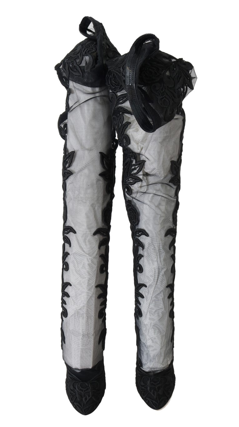 Dolce & Gabbana Black Floral Embroidered Socks Women's Boots