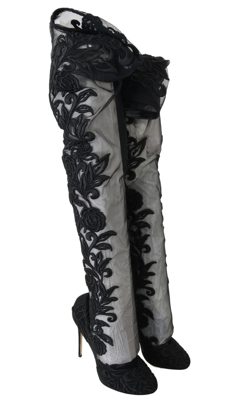 Dolce & Gabbana Black Floral Embroidered Socks Women's Boots