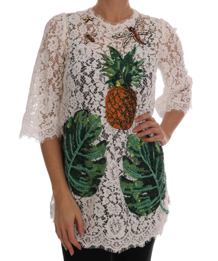 Dolce & Gabbana Elegant White Lace Embellished Mini Women's Blouse
