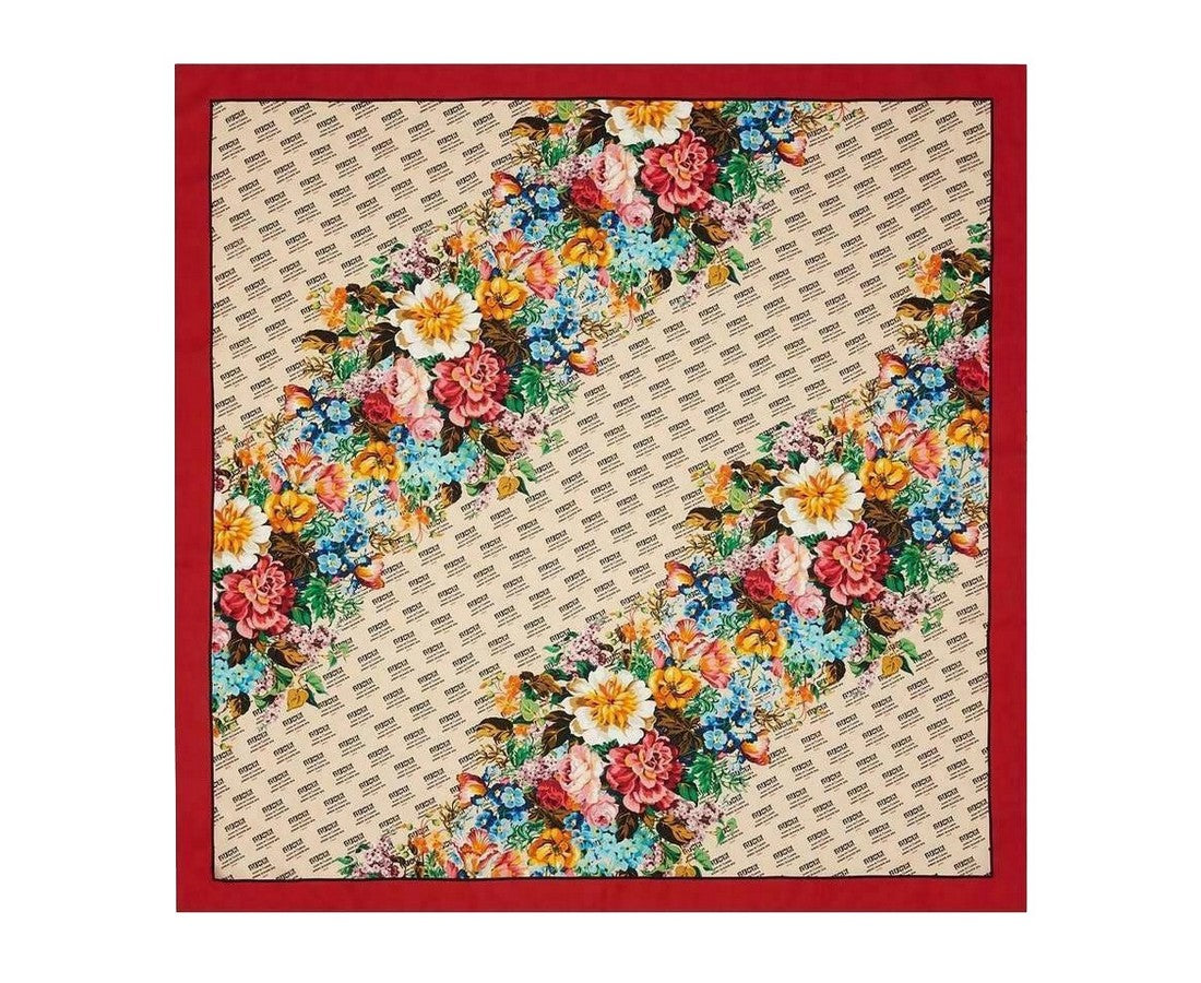 Beige Monogram Logo Print Flower Motif Silk Scarf
